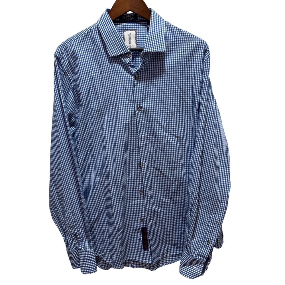 Robert Graham‎ Mens Blue Gingham Tailored Fit Dress Shirt XL 17 1/2 Cotton